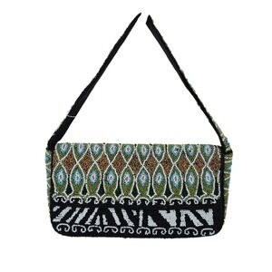 Cache Vintage Beaded Zebra Geometric Shoulder Bag Black White Green Y2K Small